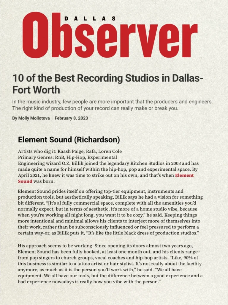 Premium Dallas Recording Studio at Element Sound
