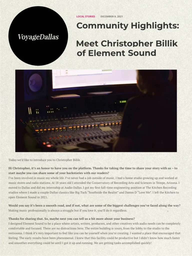 Premium Dallas Recording Studio at Element Sound
